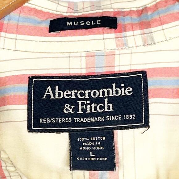 Abercrombie & Fitch Men Muscle Short Sleeve Button-up Shirt Yellow Pink Blue - Picture 5 of 8